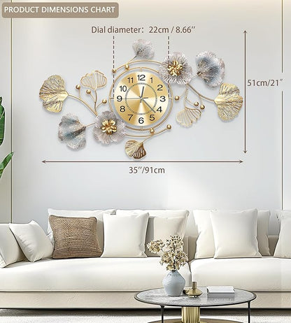 Clocks for Living Room, Large Wall Clock, 3D Silent Wall Clock, Retro Metal Ginkgo Leaf Design, for Bedroom Kitchen Decorative Wall Clocks（35''x20'' ）
