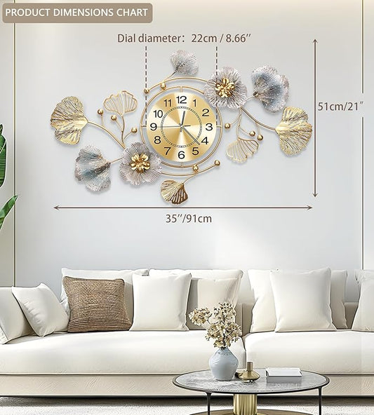 Clocks for Living Room, Large Wall Clock, 3D Silent Wall Clock, Retro Metal Ginkgo Leaf Design, for Bedroom Kitchen Decorative Wall Clocks（35''x20'' ）