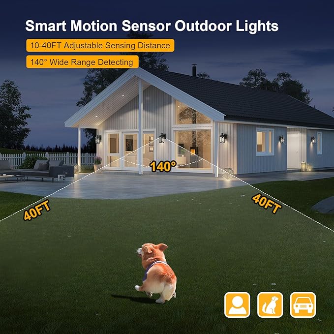 2 Pack Motion Sensor Outdoor Wall Lights, Dusk to Dawn Porch Lights with 3 Adjustable Lighting Modes, Waterproof Exterior Light Fixture Wall Mount, Black Outside Lights for House, Garage, ETL Listed