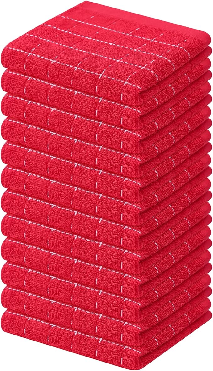 Mordimy 100% Cotton Terry Cloth Dish Cloths, Soft and Absorbent Checkered Dish Towels, Quick Drying Dish Rags for Washing Dishes, 12 Pack, 12 x 12 Inches, Red