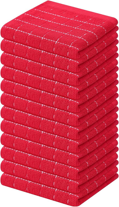Mordimy 100% Cotton Terry Cloth Dish Cloths, Soft and Absorbent Checkered Dish Towels, Quick Drying Dish Rags for Washing Dishes, 12 Pack, 12 x 12 Inches, Red