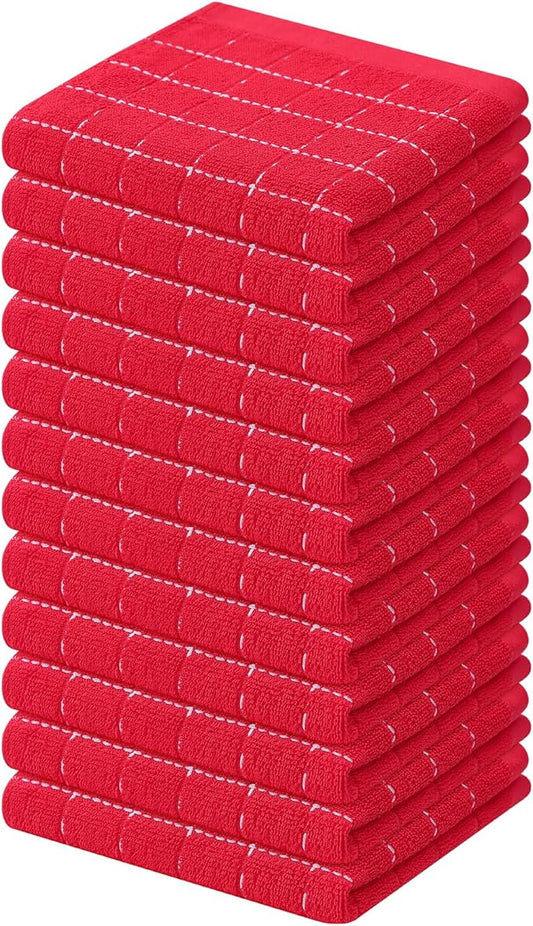 Mordimy 100% Cotton Terry Cloth Dish Cloths, Soft and Absorbent Checkered Dish Towels, Quick Drying Dish Rags for Washing Dishes, 12 Pack, 12 x 12 Inches, Red