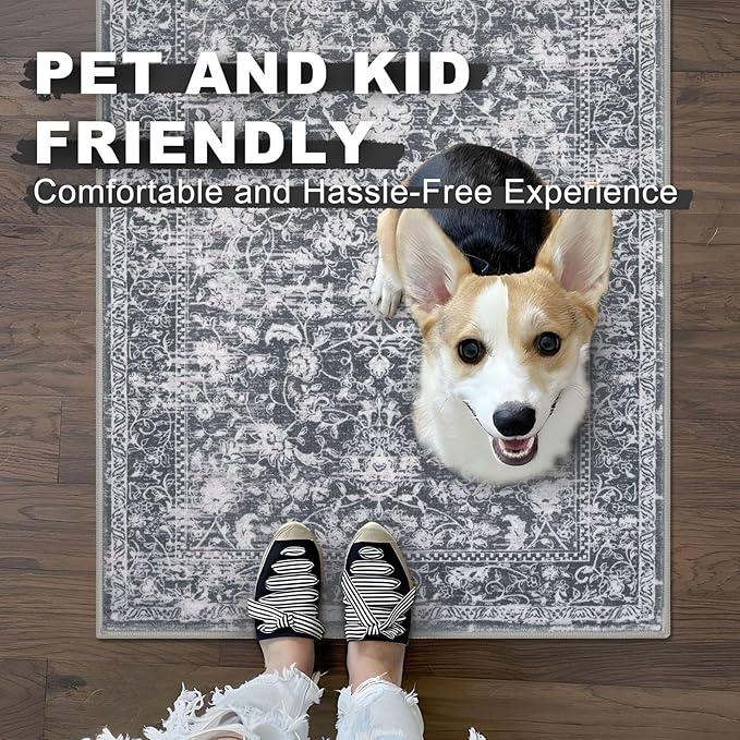 KILOCOCO Area Rug 4x6 Entryway Rug Washable Printed Vintage Floral Rubber Backed Non Slip Indoor Kitchen Rugs for Laundry Room Playroom Bedroom Living Room Moroccan Area Rugs, Grey