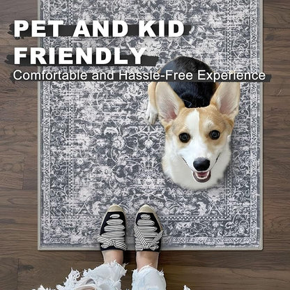 KILOCOCO Hallway Runner 2x8 Rug Runner Printed Vintage Floral Washable Kitchen Runners Non-Slip Rubber Backed Runners for Hallways Laundry Room Distressed Boho Rugs for Entryway Bedroom, Grey