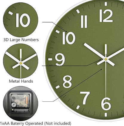 Modern Wall Clock, 10 Inch Digital Wall Clocks Battery Operated, Round Non Ticking Silent Analog Clock for Bedroom Living Room Kitchen Office Gym Classroom Decor, Olive Green