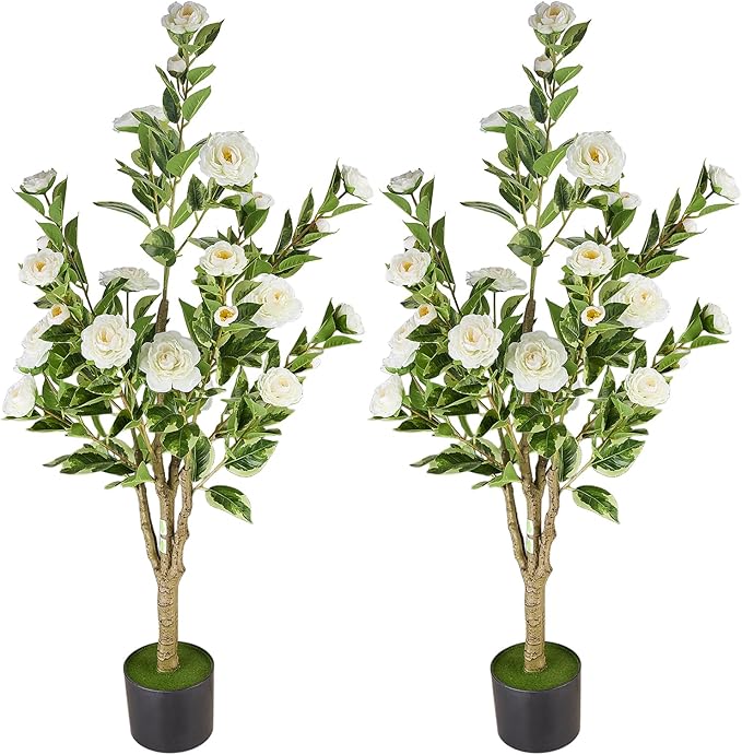 4Ft Artificial Camellia Tree 2pack, White Silk Flowers Faux Plant for Indoor Outdoor Home Decor, Realistic Potted Greenery for Office Porch Living Room