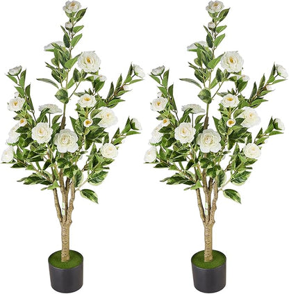 4Ft Artificial Camellia Tree 2pack, White Silk Flowers Faux Plant for Indoor Outdoor Home Decor, Realistic Potted Greenery for Office Porch Living Room