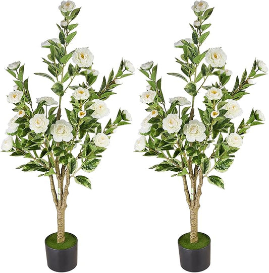 4Ft Artificial Camellia Tree 2pack, White Silk Flowers Faux Plant for Indoor Outdoor Home Decor, Realistic Potted Greenery for Office Porch Living Room