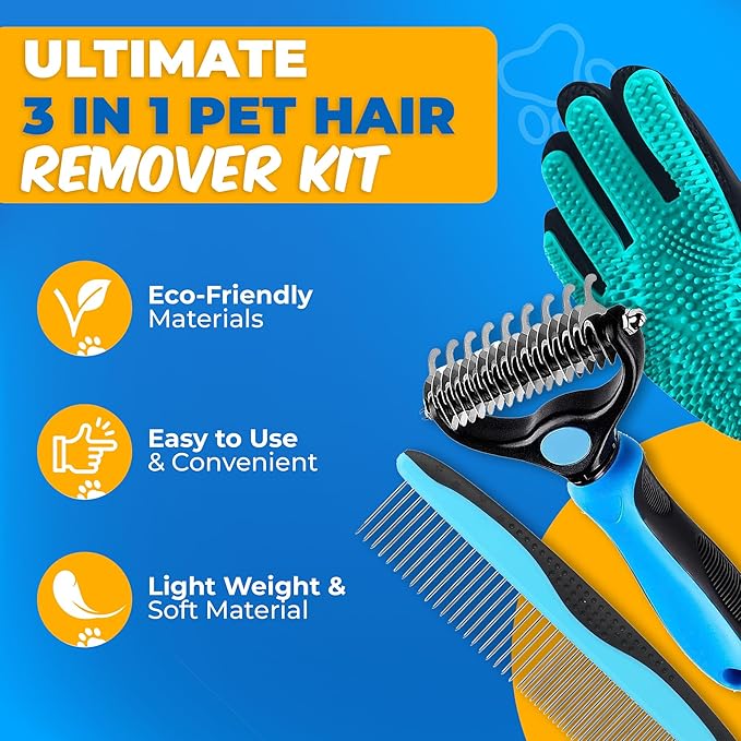 Pet Hair Removal Glove + Hair Brush Set – Dog Grooming Gloves for Shedding, Cat Grooming Brush, Cat Hair Brush – Pet Hair Remover Glove for Dogs & Cats, Dog Shedding Tool for All Coats