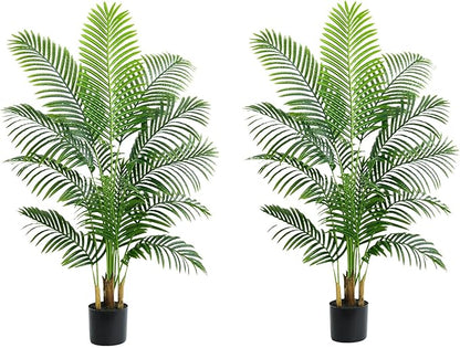 2 Pack Artificial Palm Tree 5FT Artificial Plants Indoor Tropical Fake Palm Tree Areca Floor Plant in Black Pot with 13 Trunks & Real Bark Design, Faux Palm Plant for Outdoor Patio Home Office Decor