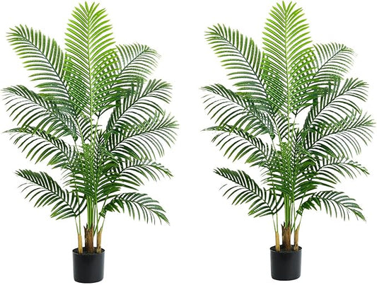 2 Pack Artificial Palm Tree 5FT Artificial Plants Indoor Tropical Fake Palm Tree Areca Floor Plant in Black Pot with 13 Trunks & Real Bark Design, Faux Palm Plant for Outdoor Patio Home Office Decor