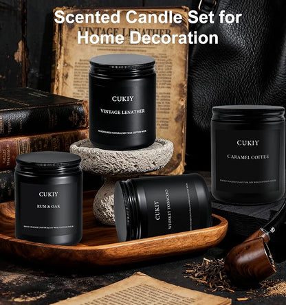 Scented Candle Gift Set, 4 Pack 25oz Soy Wax Candles, Long Lasting Aromatherapy Candles for Home Fragrance, Ideal Gift for Women and Men – Vintage Leather, Caramel Coffee, Rum Oak, Whiskey Tobacco
