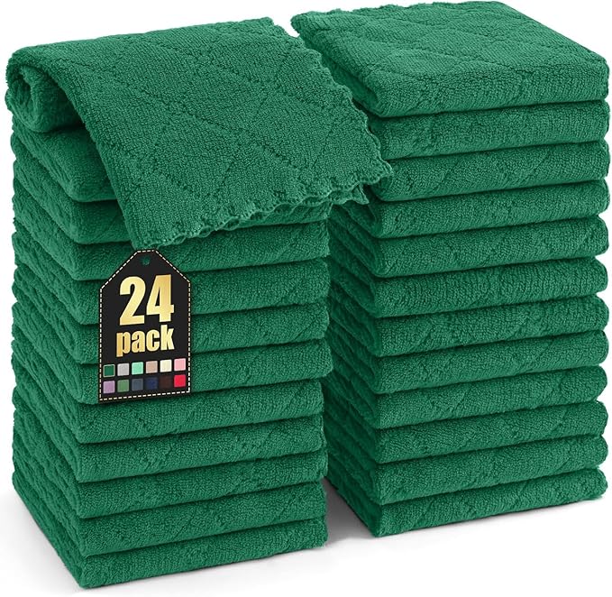 Homaxy 24 Pack Kitchen Dish Cloths (10 x 10 Inches, Dark Green), Super Soft and Absorbent Coral Velvet Dish Towels, Nonstick Oil Fast Drying Microfiber Cleaning Cloth, No Lint Household Dishcloths