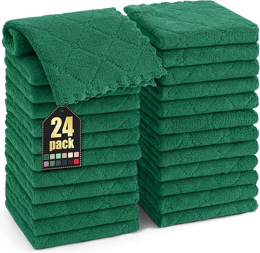 Homaxy 24 Pack Kitchen Dish Cloths (10 x 10 Inches, Dark Green), Super Soft and Absorbent Coral Velvet Dish Towels, Nonstick Oil Fast Drying Microfiber Cleaning Cloth, No Lint Household Dishcloths