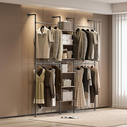 Industrial Pipe Clothing Rack, Wall-Mounted Clothes Rack with Shelf Wood Hanging Organizer, Space Saving Corner or Straight Design for Retail Store, Bedroom, Closet