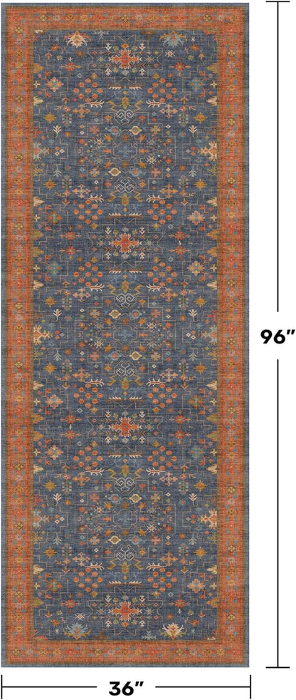 Washable 3x8 Long Runner for Wide Kitchen Floor - Navy Blue 8ft Hallway Runner Rug, Pet Friendly Waterproof Non Slip with Rubber Backing, Stain Resistant Area Rug