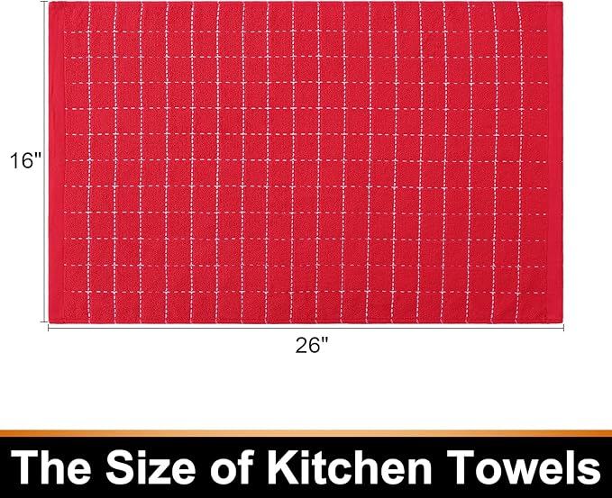 Mordimy 100% Cotton Terry Cloth Kitchen Towels, Super Soft and Absorbent Dish Towels for Drying, Checkered Designed Hand Towels for Kitchen, 16 x 26 Inches, 8 Pack, Red