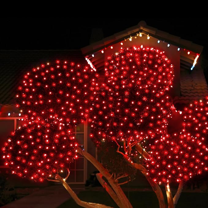 WBao Christmas Lights, 200LED 8.4ft x 5.2ft Net Lights Outdoor Mesh Light with 8 Modes, Timer, UL Certified, End to End Connectable, Waterproof for Lawn, Bushes Outdoor Christmas Decorations, Red