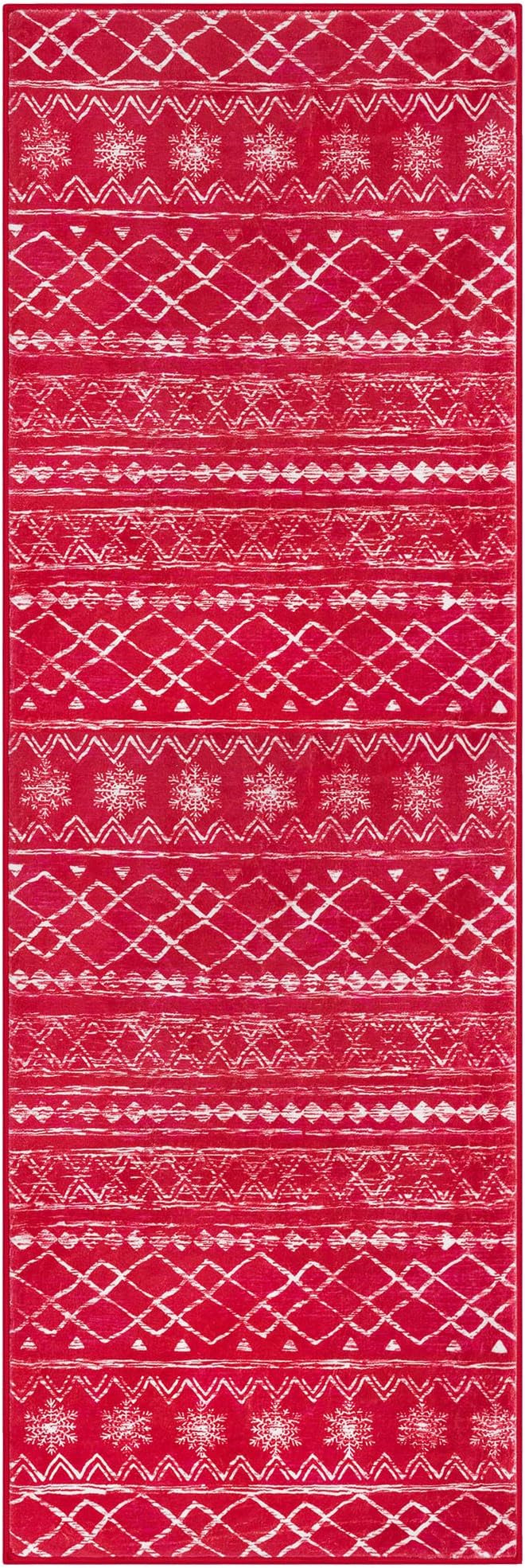 KUTA Christmas Washable Hallway Runner Rug, 2x6 Non-Slip Vintage Red Boho Rugs Kitchen Runners Red Ultra Soft Distressed Geometric Floor Carpet for Bedroom Laundry Living Room