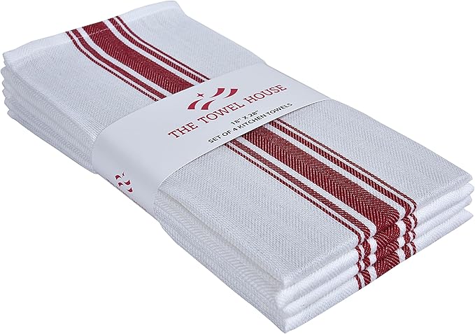 100% Cotton Herringbone Kitchen Towels – Ultra Absorbent, Fast-Drying Dish Towel – Soft, Lint-Free & Durable Tea Towels with Hanging Loop – Oversized 18x28 Inches – Red (Pack of 4)