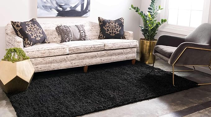 Unique Loom Solid Shag Collection Area Rug (10' x 13' 1" Rectangle, Jet Black)