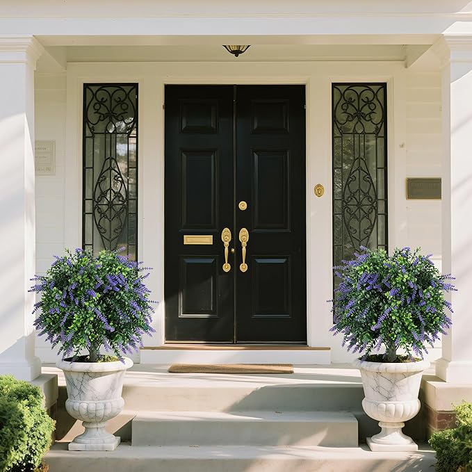 Artificial Lavender Boxwood Topiary Ball Trees Set of 2, UV Resistant Artificial Shrub Bushes with Ground Spike, Fake Evergreen Artificial Plant Bushes for Front Porch, Garden, Indoor, Outdoor