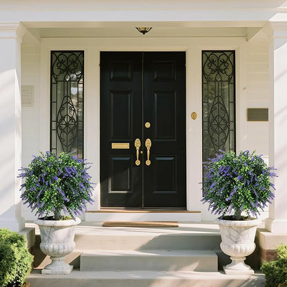 Artificial Lavender Boxwood Topiary Ball Trees Set of 2, UV Resistant Artificial Shrub Bushes with Ground Spike, Fake Evergreen Artificial Plant Bushes for Front Porch, Garden, Indoor, Outdoor