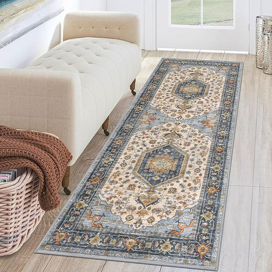 KUTA Runners for Hallways 2x6 Ivory Blue, Vintage Floral Kitchen Rugs Non-Slip Washable Runner Ultra Soft Printed Retro Flower Carpet Entryway Rug for Bedroom Laundry Nursery Entryways