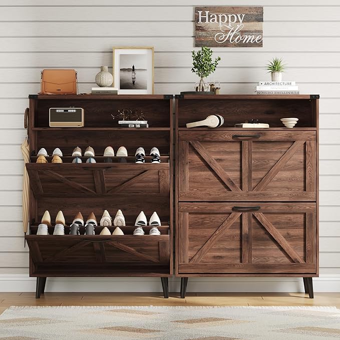 Vabches Shoe Storage Cabinet with 2 Flip Drawers,Freestanding Narrow Shoe Organizer with Open Storage,Hidden Slim Shoe Rack Cabinet for Entryway,Dark Walnut (2 Pack)