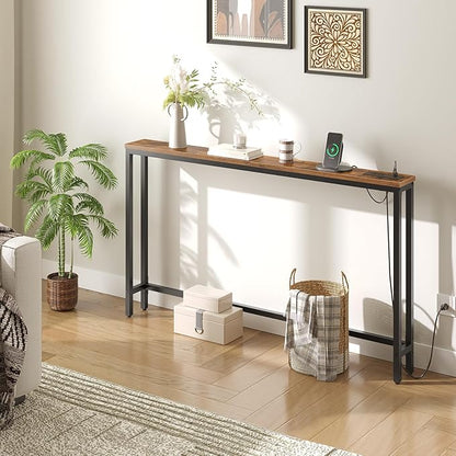 HOOBRO 55.1" Narrow Console Table with Power Outlets, 5.9" Behind Couch Table with Charging Station, Long Sofa Table, Skinny Entryway Table for Living Room, Hallway, Foyer, Rustic Brown BF145UXG01