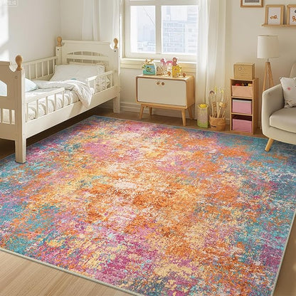 Washable Area Rugs 9'x12' Non-Slip Modern Abstract Soft for Living Room Entryway Bedroom Nursery, Print Pattern, Orange Blue Pink Yellow Colorful
