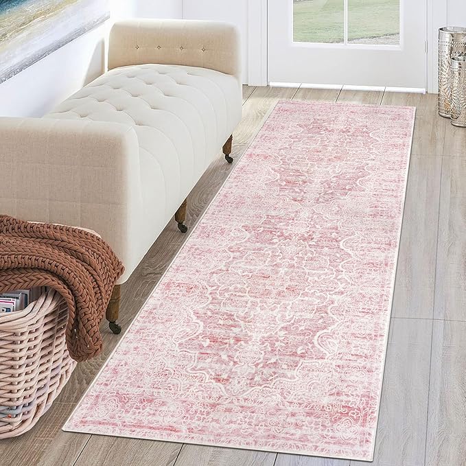 KUTA Vintage Washable Runner Rug, 2x6 Pink Runners for Hallways Non-Slip Floral Kitchen Rugs Ultra Soft Printed Distressed Floor Carpet for Laundry Bedroom Living Room Nursery