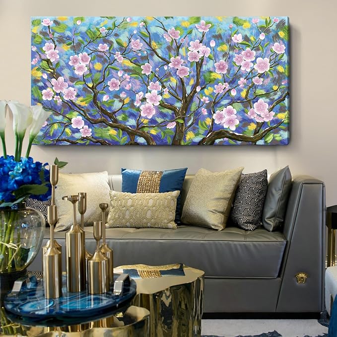ARTZON Extra Large Pink Wall Art Abstract Flower Plum Blossom Botanical Canvas Prints Oversized Nature Artwork Tree Landscape Horizontal Big Picture for Home Living Room Bedroom Office Decor 58"x29"