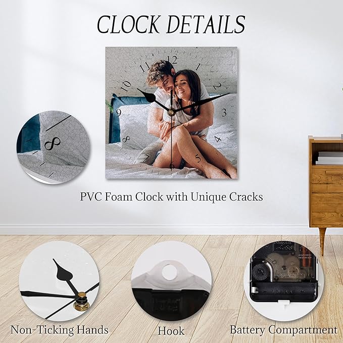 Custom Square Family Wall Clock with Photo Text, Personalized Picture Wall Clocks for Living Room Decor Customized Gift for Christmas Birthday Wedding Valentine's Fits Kitchen Bathroom