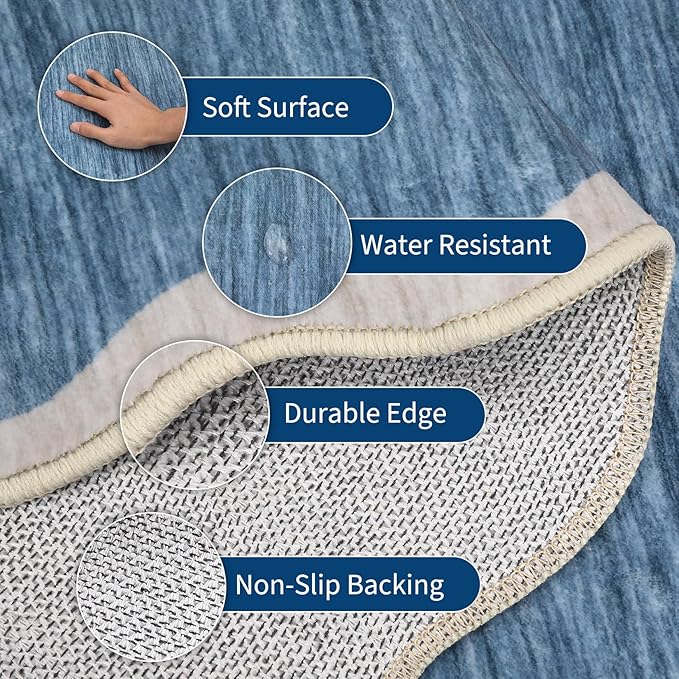 GarveeHome Scalloped Washable Runner Rugs 2x6 Rug Runner Modern Non Slip Kitchen Rugs Indoor Entryway Rug Farmhouse Soft Bath Mat Stain Resistant Carpet for Bedroom Hallway Laundry 2 ft x6 ft Blue