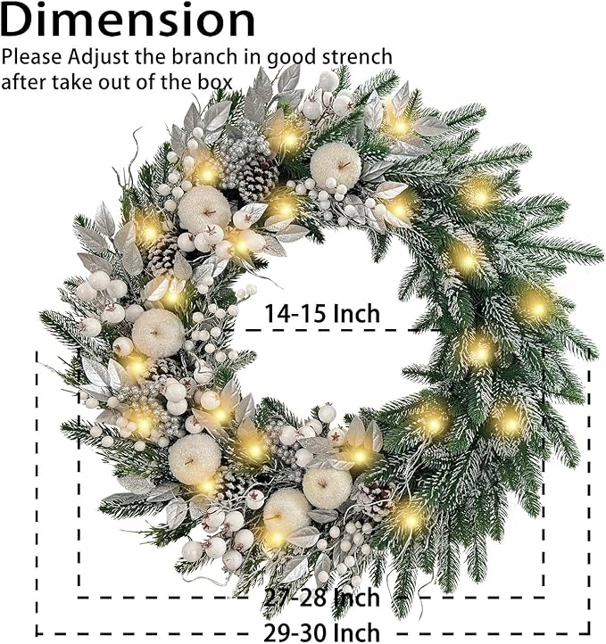 WANNA-CUL Pre-Lit 30 Inch Large Christmas Wreath for Front Door with 50 Led Lights,Silver White Lighted Christmas Door Wreath Decor with White Apples and Berries, Battery Operated