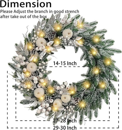 WANNA-CUL Pre-Lit 30 Inch Large Christmas Wreath for Front Door with 50 Led Lights,Silver White Lighted Christmas Door Wreath Decor with White Apples and Berries, Battery Operated