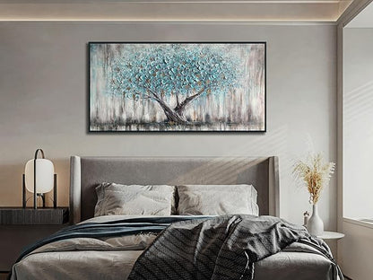 Arjun Framed Blue Tree Canvas Wall Art for Living Room Tree of Life Abstract Bedroom Textured Painting, Nature Picture Landscape Artwork Home Office Decor, Black Wood Large 40"x20"