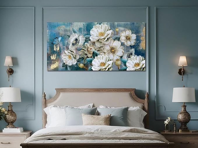 Arjun Flowers Canvas Wall Art for Bedroom White Elegant Teal Picture, Textured Floral Magnolia Painting Living Room Wall Decor Turquoise Large Artwork Bathroom Dining Room Home Office 40"x20"
