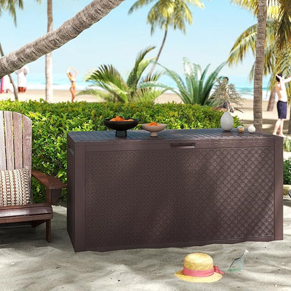 ZYJOYY 90 Gallon Resin Deck Box, Weatherproof Outdoor Storage Box for Patio, Garden, Pool, and Yard, Lockable Waterproof Bin for Tools, Cushions, and Accessories, Brown