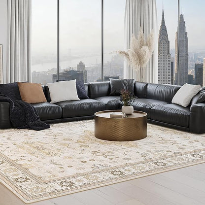 5x7 Washable Boho Rugs for Bedroom, Beige Area Rug for Living Room, Soft Faux Wool Modern Carpet for Kids Playroom Dorm Nursery Dining Room Office Home Laundry, Non Slip Low Pile Mat, Beige/Gold