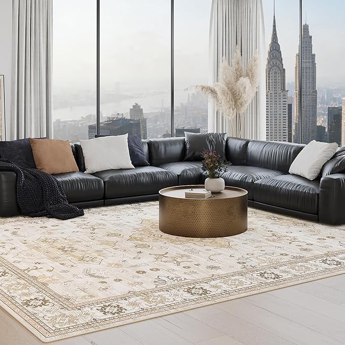 Large Rugs for Living Room, 8x10 Beige Washable Rug for Bedroom, Soft Boho Indoor Carpets, Big Modern Kids Room Rug, Non-Slip Low Pile Mat for Office Home Dining Room Christmas Decor,Beige/Gold
