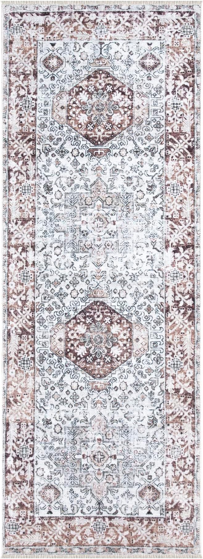 Bloom Rugs Caria Washable Non-Slip 10 ft Runner - Beige/Brown Traditional Runner for Entryway, Hallway, Bathroom, and Kitchen - Exact Size: 2'6" x 10'