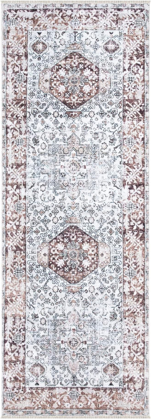 Bloom Rugs Caria Washable Non-Slip 10 ft Runner - Beige/Brown Traditional Runner for Entryway, Hallway, Bathroom, and Kitchen - Exact Size: 2'6" x 10'