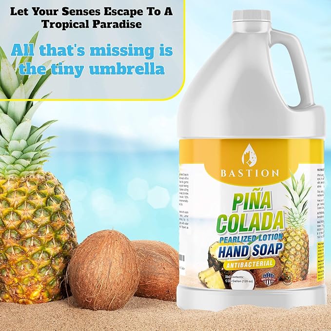 Bastion Antibacterial Hand Soap - Pina Colada - Moisturizing Pearlized Liquid Hand Wash - 1 Gallon (128 oz.) Bulk Refill Jug. Pina Colada Scented. Non-toxic. Made in the USA.