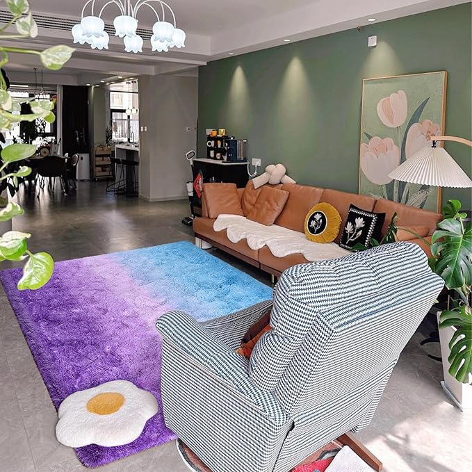 DweIke Luxury Fluffy Kids Rugs for Living Room Bedroom, 6x9 Large Shaggy Purple and Blue Area Rug for Girls Boys, Upgrade Plush Non-Slip and Washable Colorful Fuzzy Carpet for Dorm Nursery Decor