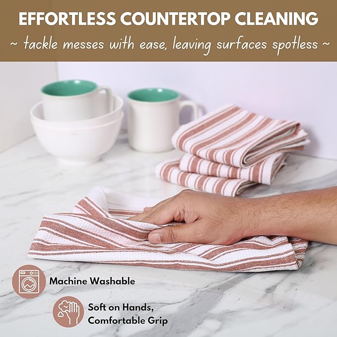 Native Fab Stripe Kitchen Towels - 100% Cotton - 4 Pack - 16"x26" - Striped Tea Towel, Dish Cloths for Drying Dishes, Absorbent, Quick Dry Towels Set with Hanging Loop - Rust