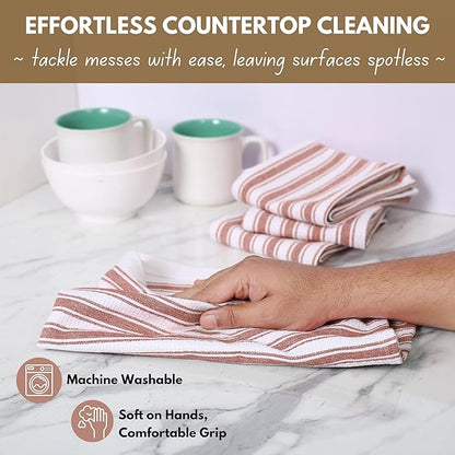 Native Fab Stripe Kitchen Towels - 100% Cotton - 4 Pack - 16"x26" - Striped Tea Towel, Dish Cloths for Drying Dishes, Absorbent, Quick Dry Towels Set with Hanging Loop - Rust