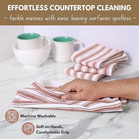 Native Fab Stripe Kitchen Towels - 100% Cotton - 4 Pack - 16"x26" - Striped Tea Towel, Dish Cloths for Drying Dishes, Absorbent, Quick Dry Towels Set with Hanging Loop - Rust