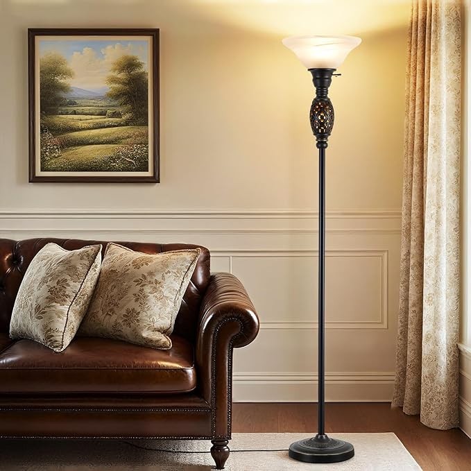 Vintage Floor Lamp with Nightlight, 70" Rustic Standing Lamp with Glass Shade, Victorian Style Tall Lamp Decor for Living Room Bedroom Study Home Office Corner (Bulb Included)